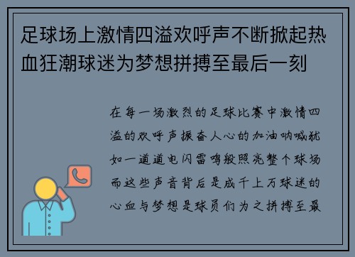 足球场上激情四溢欢呼声不断掀起热血狂潮球迷为梦想拼搏至最后一刻