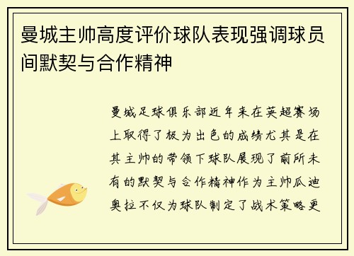 曼城主帅高度评价球队表现强调球员间默契与合作精神